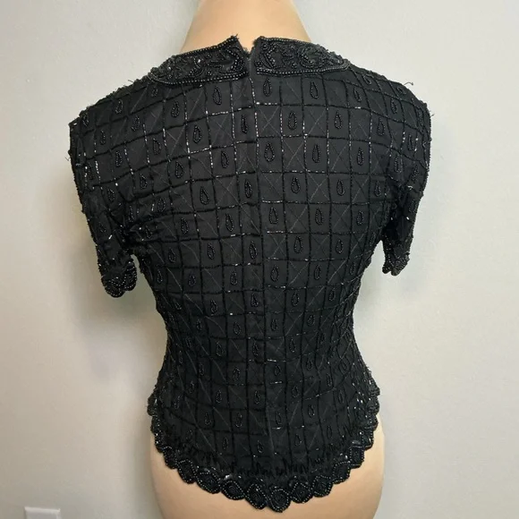 Vintage Black Beaded Short Sleeve Women's Top - Picture 3 of 12